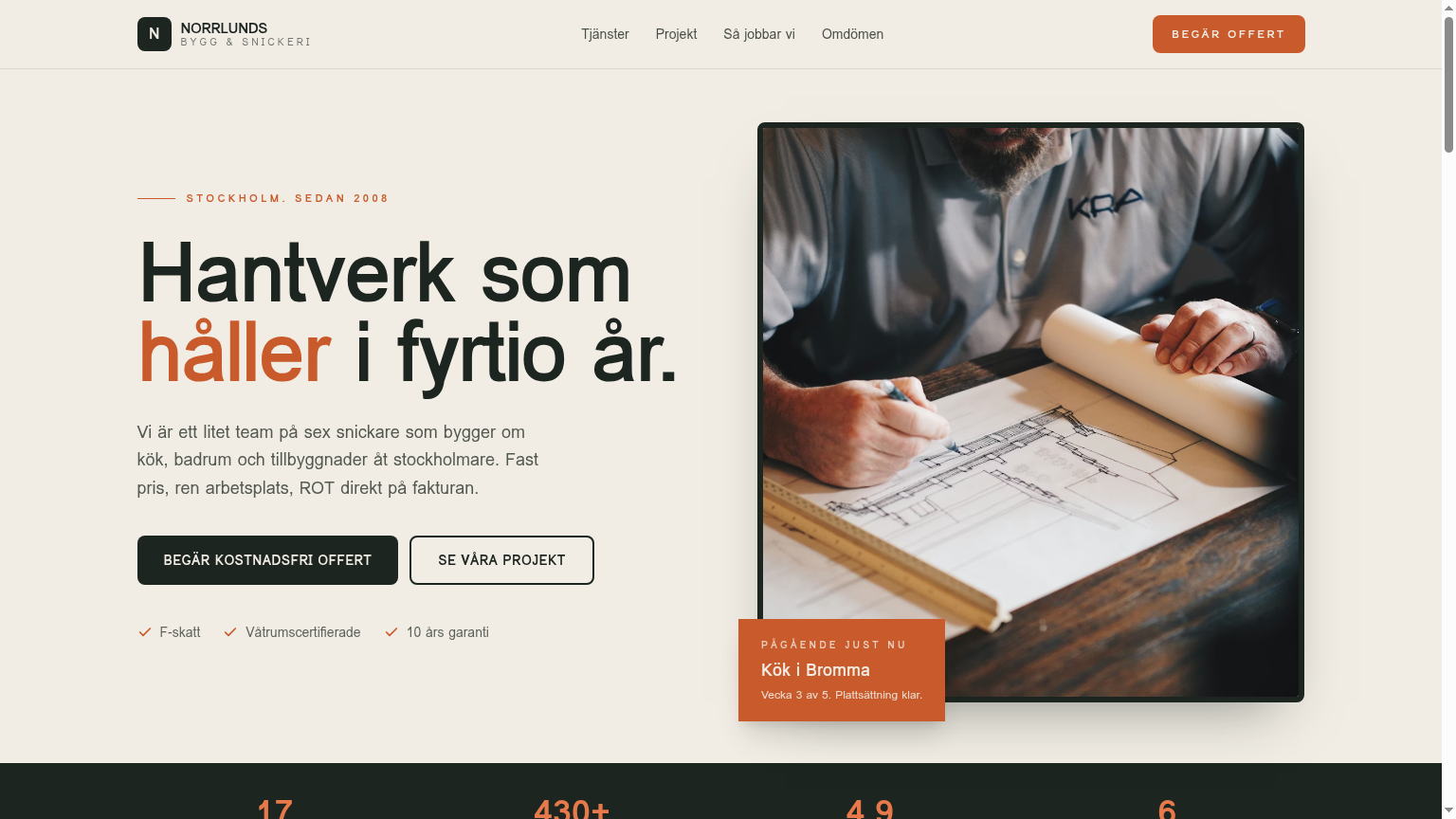 Förhandsvisning av hantverkarehemsida